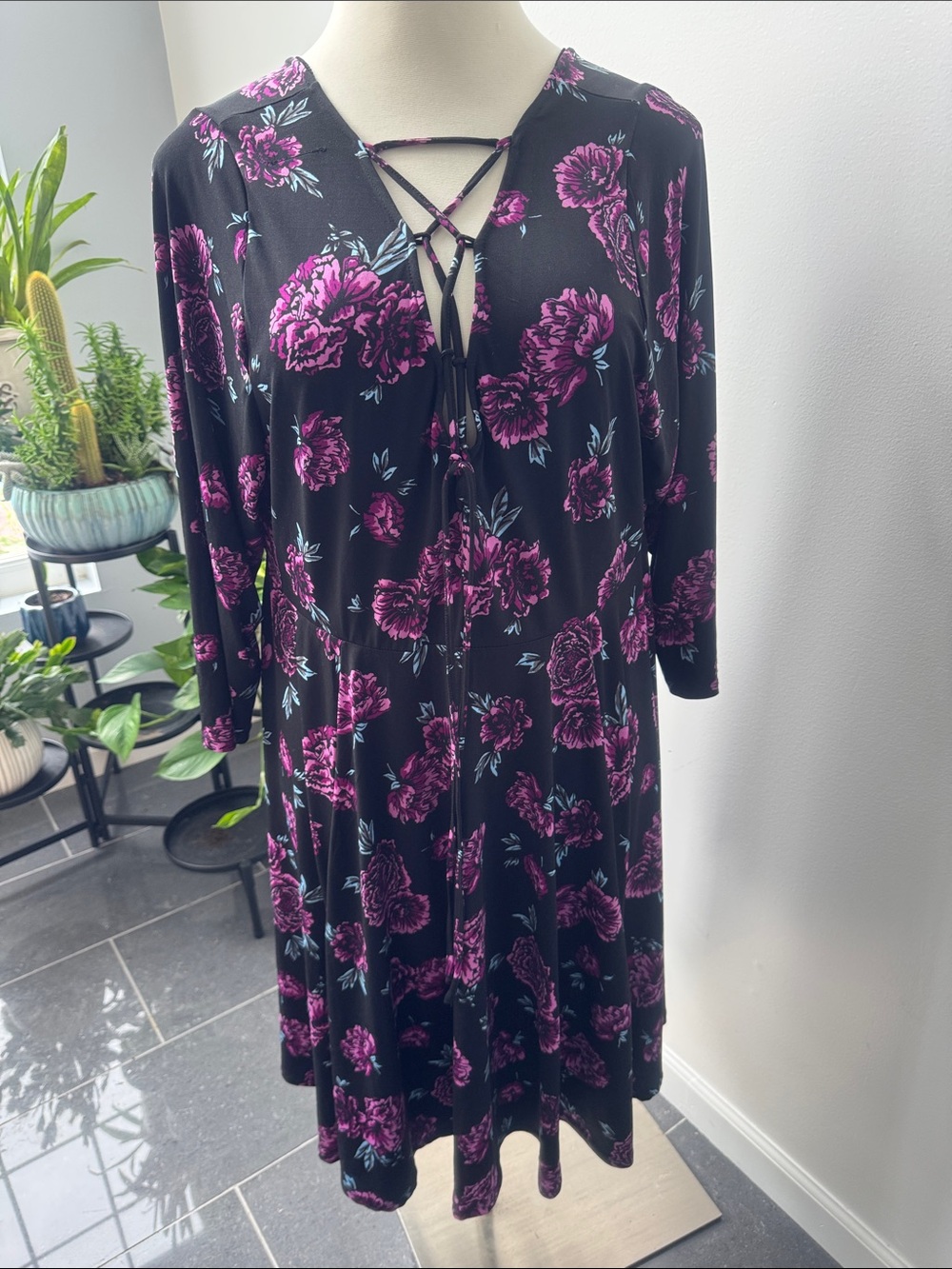 Torrid Black Dress with Purple Floral Print and Lace-Up Neck